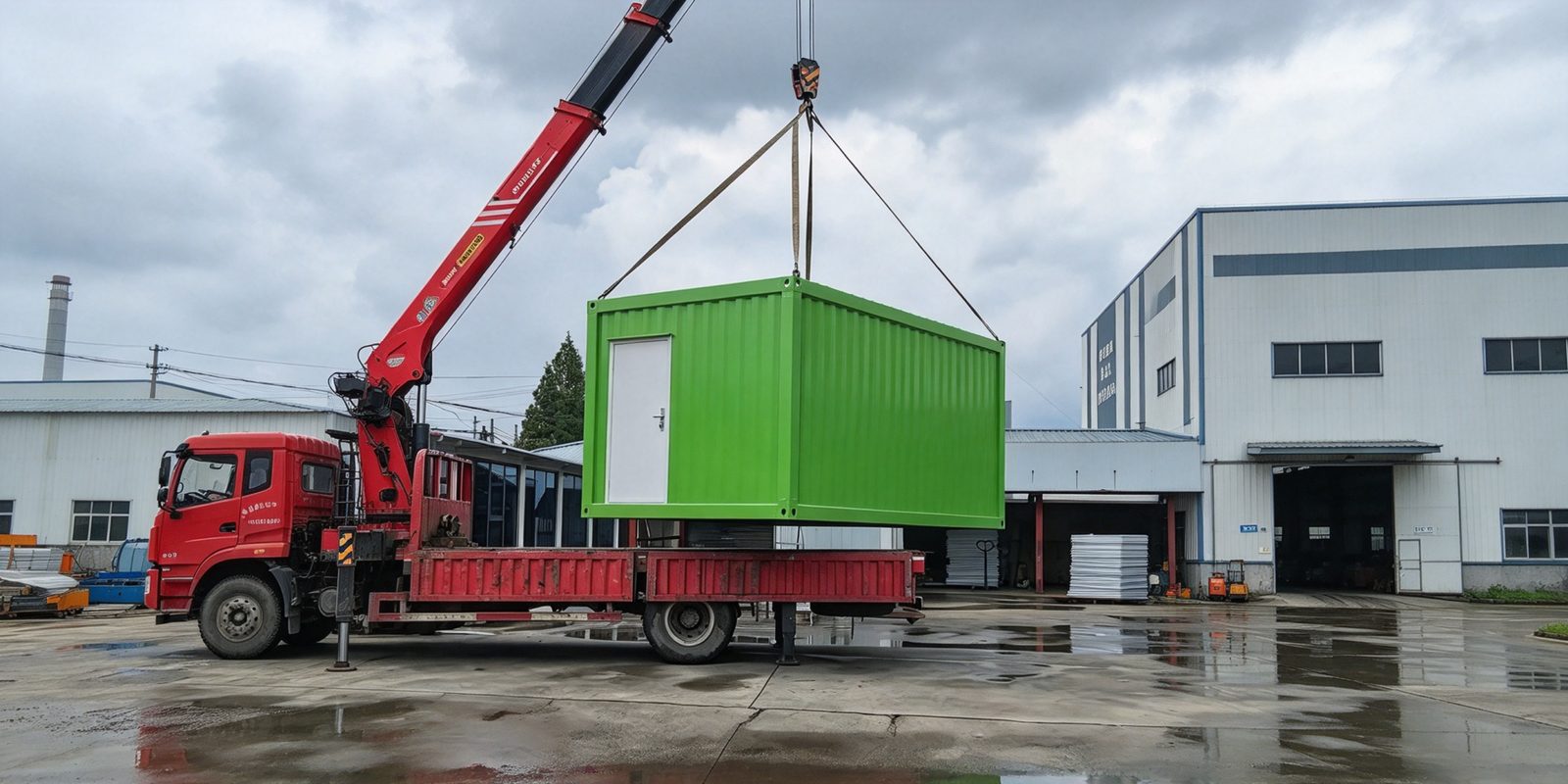YuSheng container unit being loaded onto a truck by crane